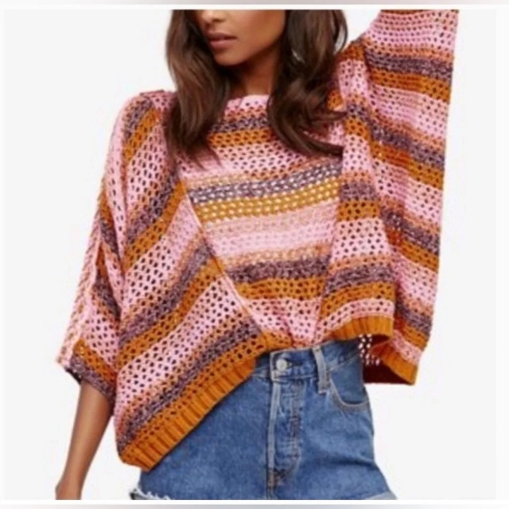 FREE people knetted poncho sweater with sleeves NWT multicolor oversize Sz M